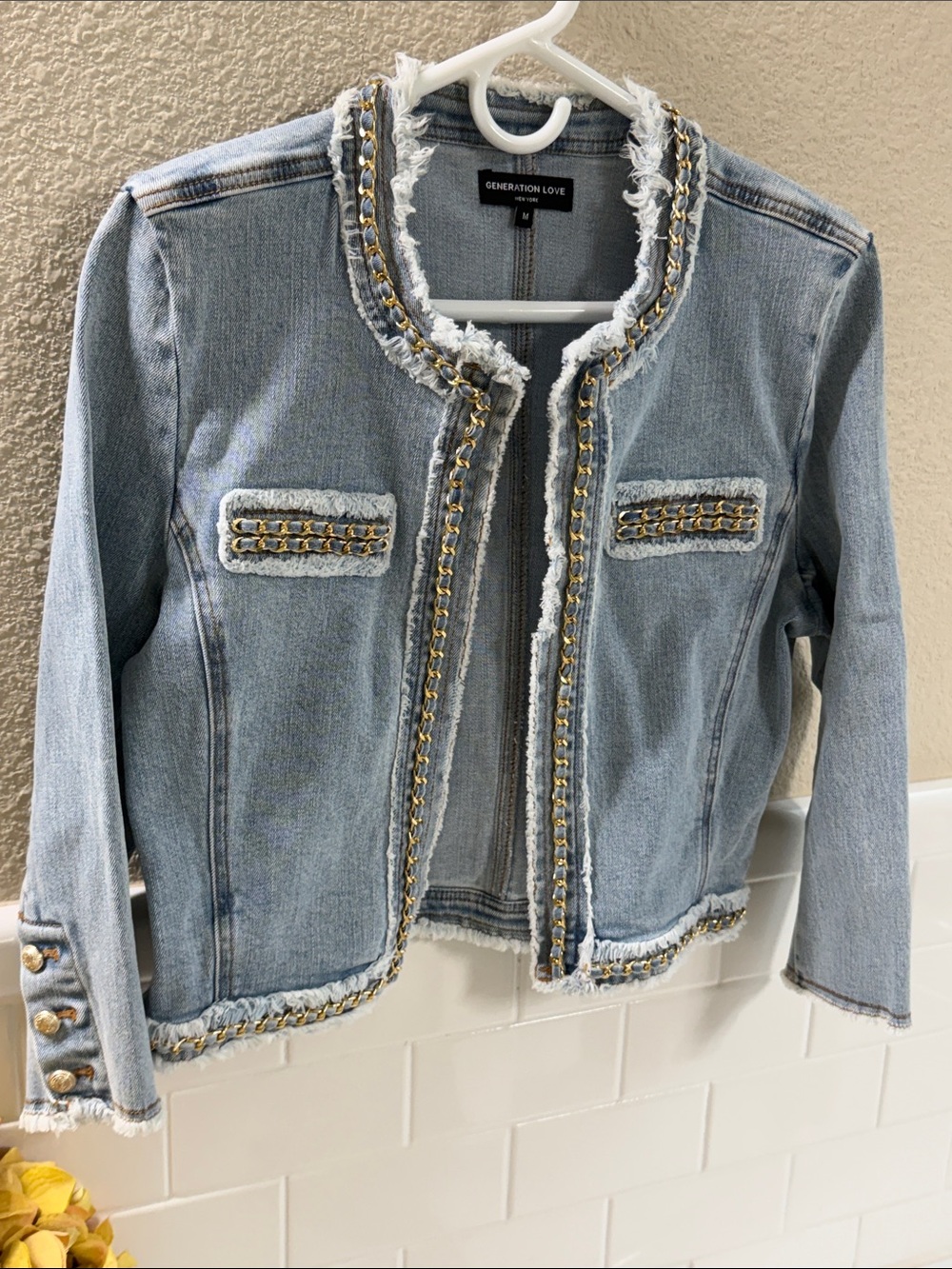 Generation Love Denim Jacket. Gold chain trim . NEW w o Tags . Med.